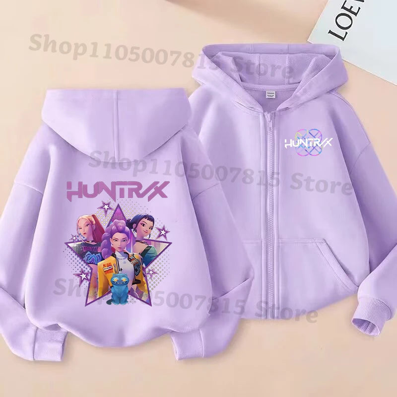K-pop Demon Hunters Hooded Coat for Children Anime Cartoon Fashion Zip Jacket Boys Girls Spring Autumn Cute Coats Kids Clothes