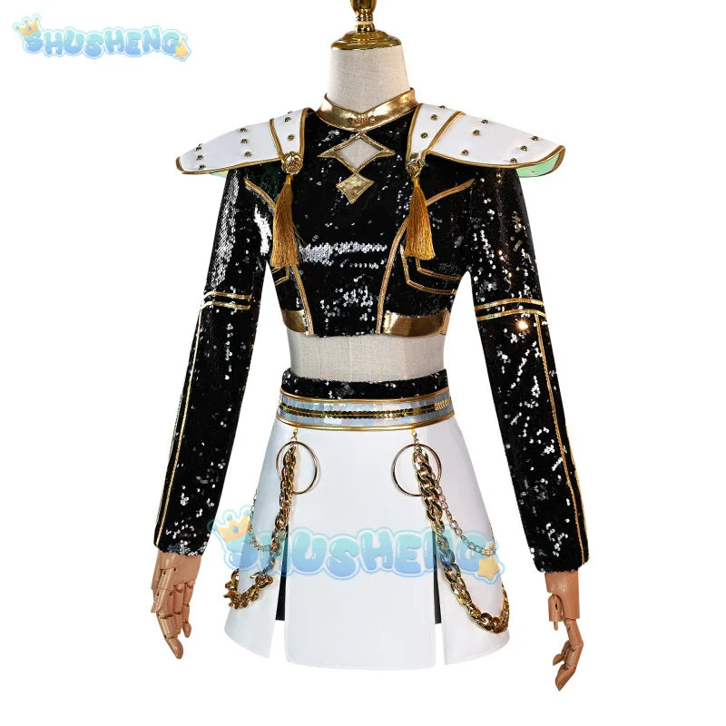 KPop Demon Hunters Rumi Mira Zoey Cosplay Black Gold Sequined Stage Costume Skirt Uniform Huntrix Halloween Party for Women