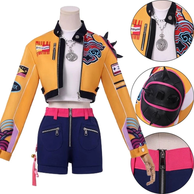 Anime KPop Demon Hunters Rumi Cosplay Costume Halloween Party Carnival Role Play Uniform with Wig Earrings Ring for Women Girls