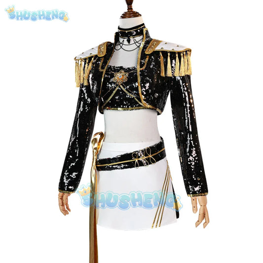 KPop Demon Hunters Rumi Mira Zoey Cosplay Black Gold Sequined Stage Costume Skirt Uniform Huntrix Halloween Party for Women