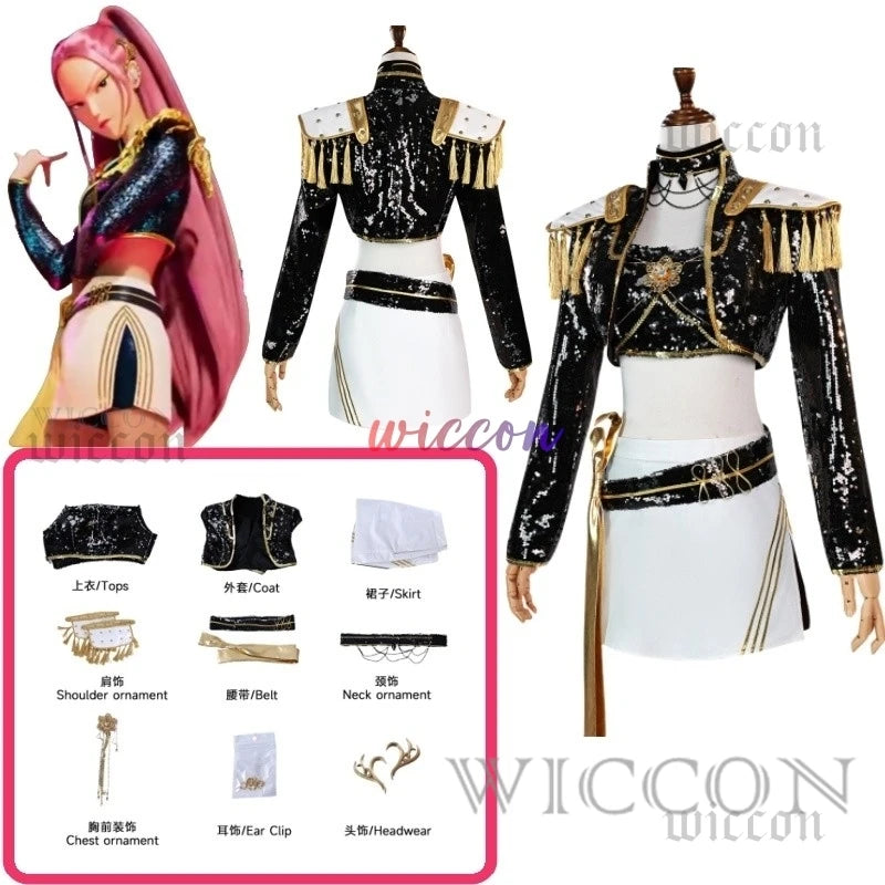 AHuntrix GOLDEN Demon Hunters Rumi Cosplay Mira Zoey Costume Full Set Wig Kpop Glittering Stage Wear Women Halloween Roleplay