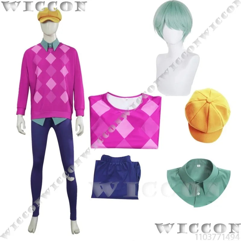 Baby Soda Pop Kpop Demon Hunter Saja Boys Cosplay Costume Pink Top Shirt Blue Pant Green Wig Hat Halloween Idol Boys Group Stage