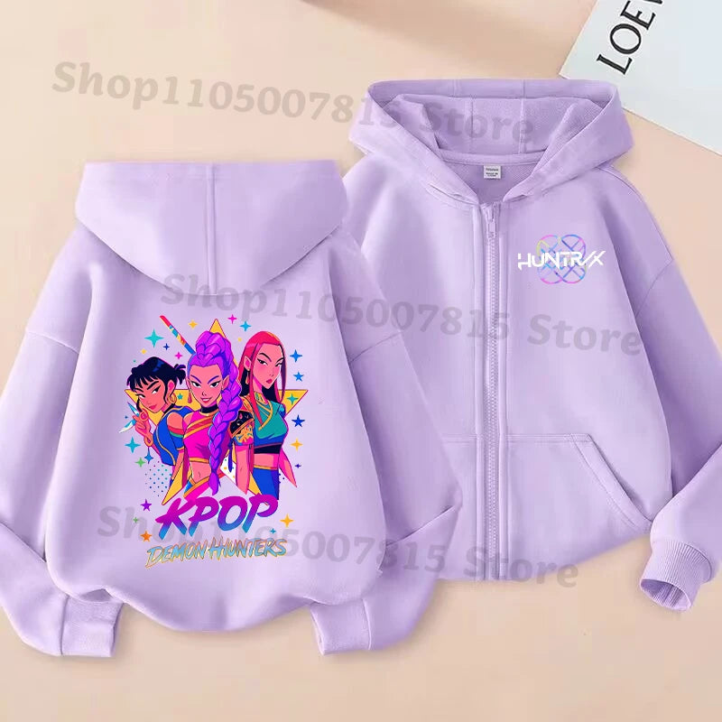 K-pop Demon Hunters Hooded Coat for Children Anime Cartoon Fashion Zip Jacket Boys Girls Spring Autumn Cute Coats Kids Clothes
