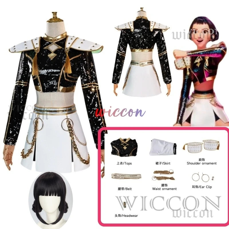AHuntrix GOLDEN Demon Hunters Rumi Cosplay Mira Zoey Costume Full Set Wig Kpop Glittering Stage Wear Women Halloween Roleplay