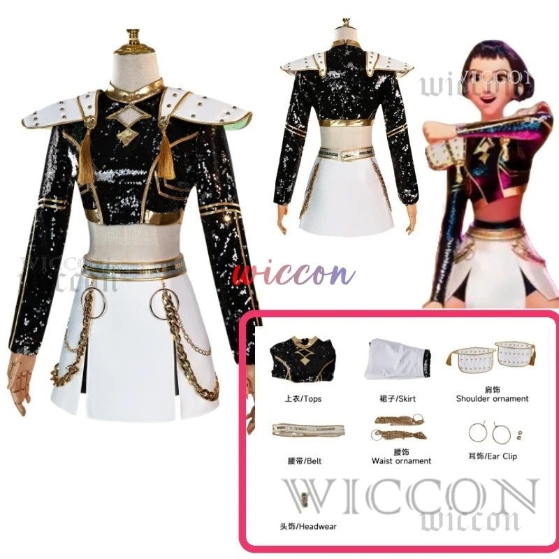 AHuntrix GOLDEN Demon Hunters Rumi Cosplay Mira Zoey Costume Full Set Wig Kpop Glittering Stage Wear Women Halloween Roleplay