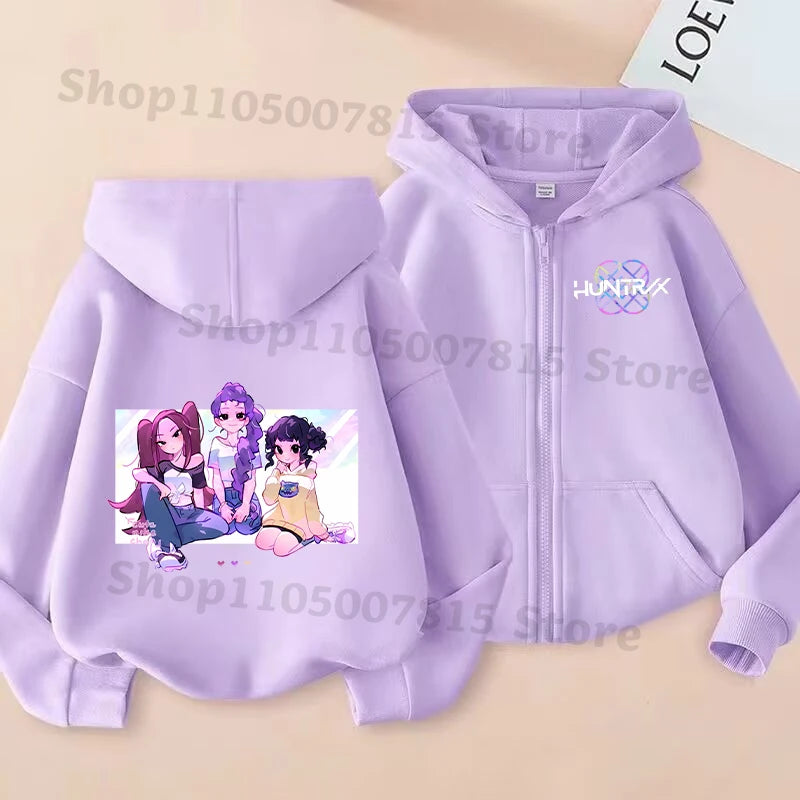 K-pop Demon Hunters Hooded Coat for Children Anime Cartoon Fashion Zip Jacket Boys Girls Spring Autumn Cute Coats Kids Clothes