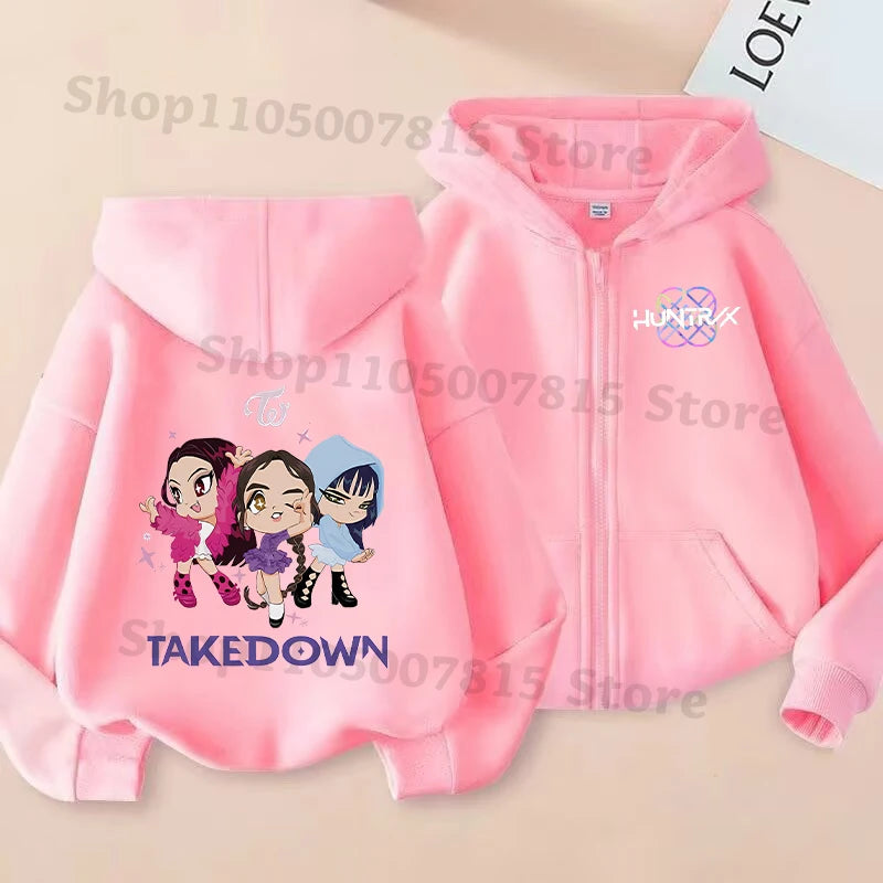 K-pop Demon Hunters Hooded Coat for Children Anime Cartoon Fashion Zip Jacket Boys Girls Spring Autumn Cute Coats Kids Clothes