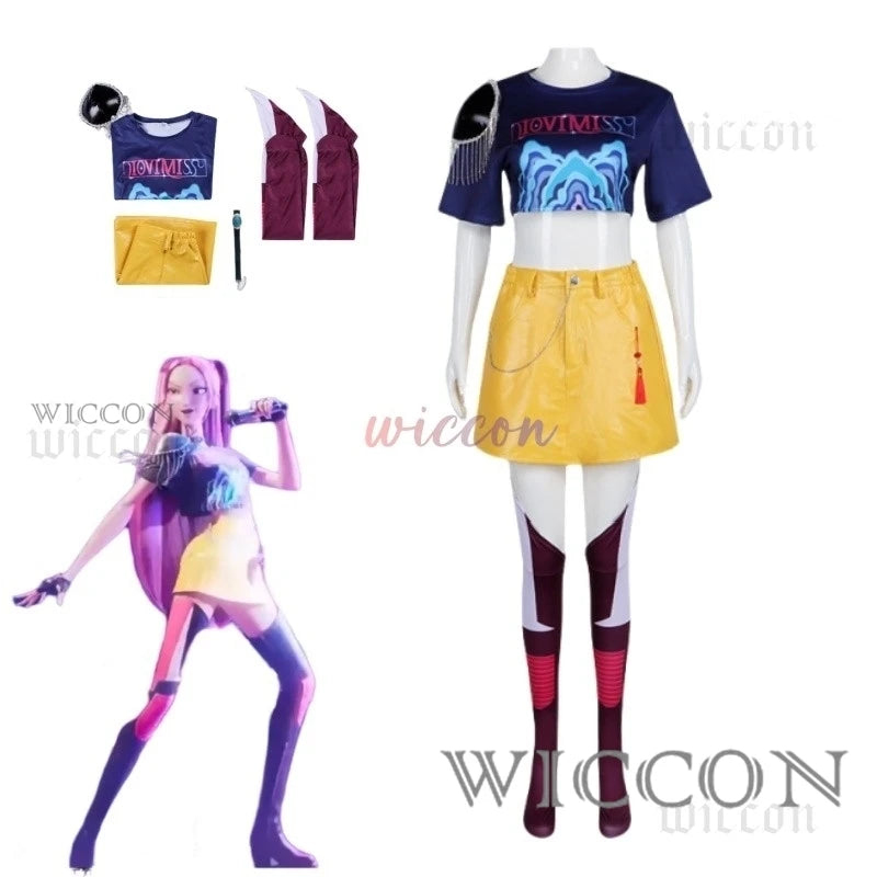KPOP Huntrix Rumi Cosplay Costume Wig Mira Zoey Stage Uniform Top Skirt Superstar Demon Hunters Girl Women Kids Halloween Suit