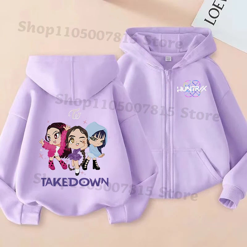 K-pop Demon Hunters Hooded Coat for Children Anime Cartoon Fashion Zip Jacket Boys Girls Spring Autumn Cute Coats Kids Clothes