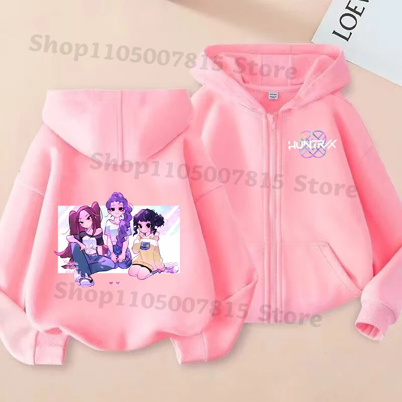 K-pop Demon Hunters Hooded Coat for Children Anime Cartoon Fashion Zip Jacket Boys Girls Spring Autumn Cute Coats Kids Clothes