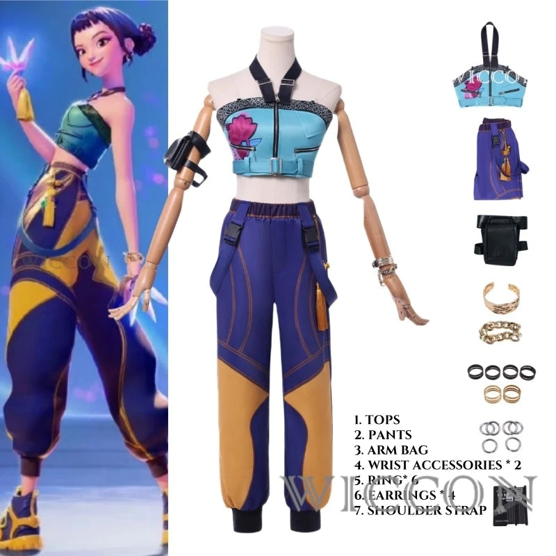 KPOP Huntrix Rumi Cosplay Costume Wig Mira Zoey Stage Uniform Top Skirt Superstar Demon Hunters Girl Women Kids Halloween Suit