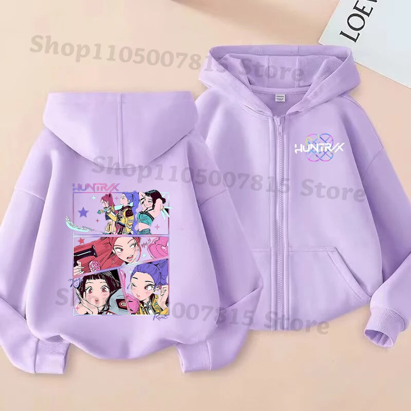 K-pop Demon Hunters Hooded Coat for Children Anime Cartoon Fashion Zip Jacket Boys Girls Spring Autumn Cute Coats Kids Clothes