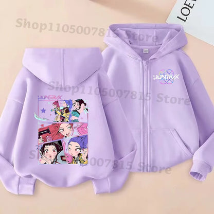 K-pop Demon Hunters Hooded Coat for Children Anime Cartoon Fashion Zip Jacket Boys Girls Spring Autumn Cute Coats Kids Clothes