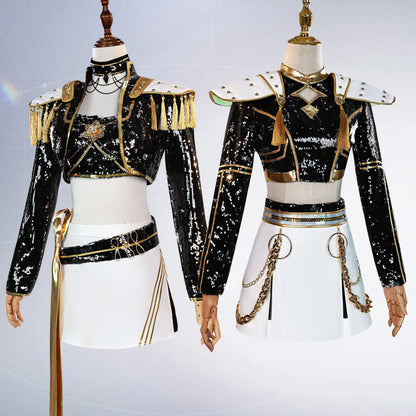 KPop Demon Hunters Rumi Mira Zoey Cosplay Black Gold Sequined Stage Costume Skirt Uniform Huntrix Halloween Party for Women