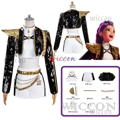 AHuntrix GOLDEN Demon Hunters Rumi Cosplay Mira Zoey Costume Full Set Wig Kpop Glittering Stage Wear Women Halloween Roleplay