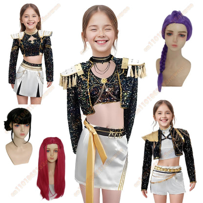 2025 Adult kid K-Pop Rumi Cosplay Costume Kid Wig Demon Hunters Stage Clothes Coat Movie Halloween Korea Group Idol Outfit Girls