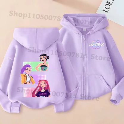 K-pop Demon Hunters Hooded Coat for Children Anime Cartoon Fashion Zip Jacket Boys Girls Spring Autumn Cute Coats Kids Clothes