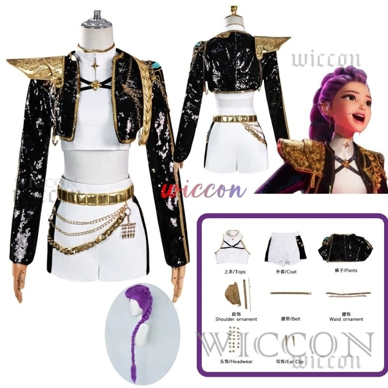 AHuntrix GOLDEN Demon Hunters Rumi Cosplay Mira Zoey Costume Full Set Wig Kpop Glittering Stage Wear Women Halloween Roleplay