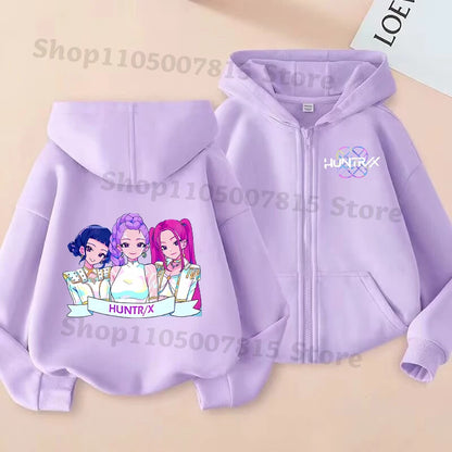 K-pop Demon Hunters Hooded Coat for Children Anime Cartoon Fashion Zip Jacket Boys Girls Spring Autumn Cute Coats Kids Clothes