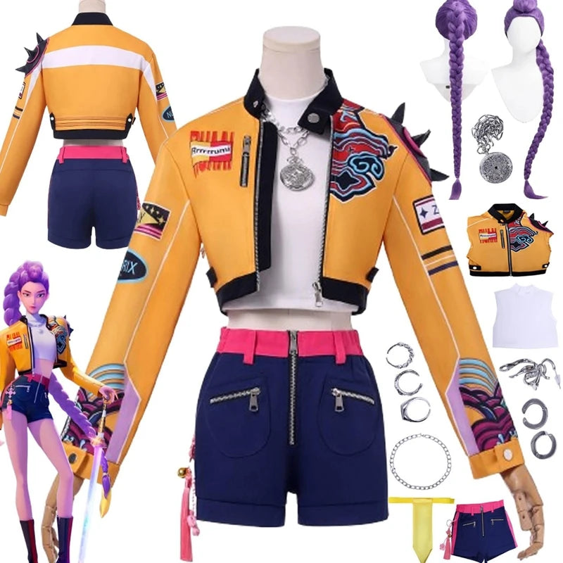 Anime KPop Demon Hunters Rumi Cosplay Costume Halloween Party Carnival Role Play Uniform with Wig Earrings Ring for Women Girls