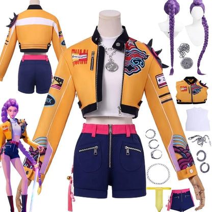 Anime KPop Demon Hunters Rumi Cosplay Costume Halloween Party Carnival Role Play Uniform with Wig Earrings Ring for Women Girls