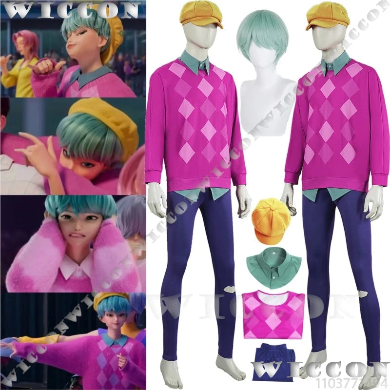 Baby Soda Pop Kpop Demon Hunter Saja Boys Cosplay Costume Pink Top Shirt Blue Pant Green Wig Hat Halloween Idol Boys Group Stage