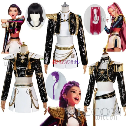 AHuntrix GOLDEN Demon Hunters Rumi Cosplay Mira Zoey Costume Full Set Wig Kpop Glittering Stage Wear Women Halloween Roleplay